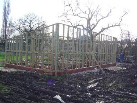 Timber frame structure on site